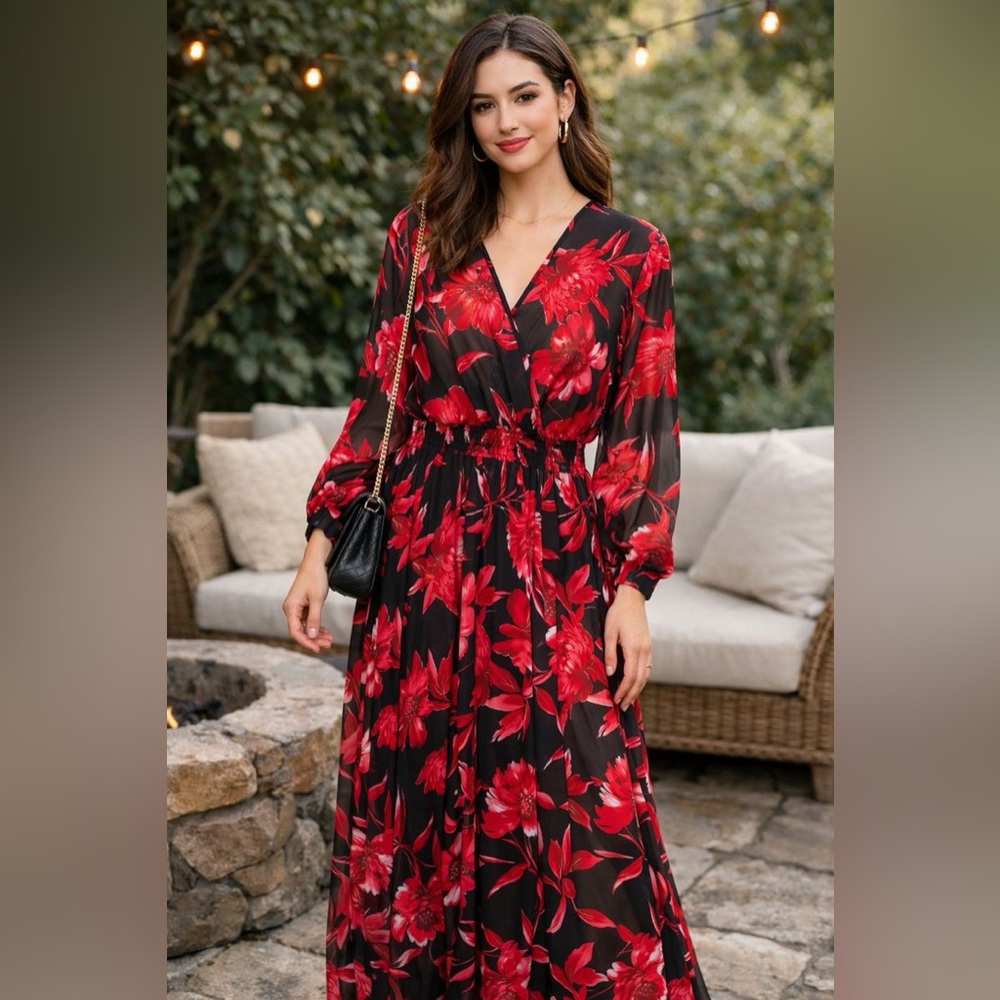 Alexa B Nites Black Red‎ Floral Maxi Dress Long Sleeve V Neck Size 8